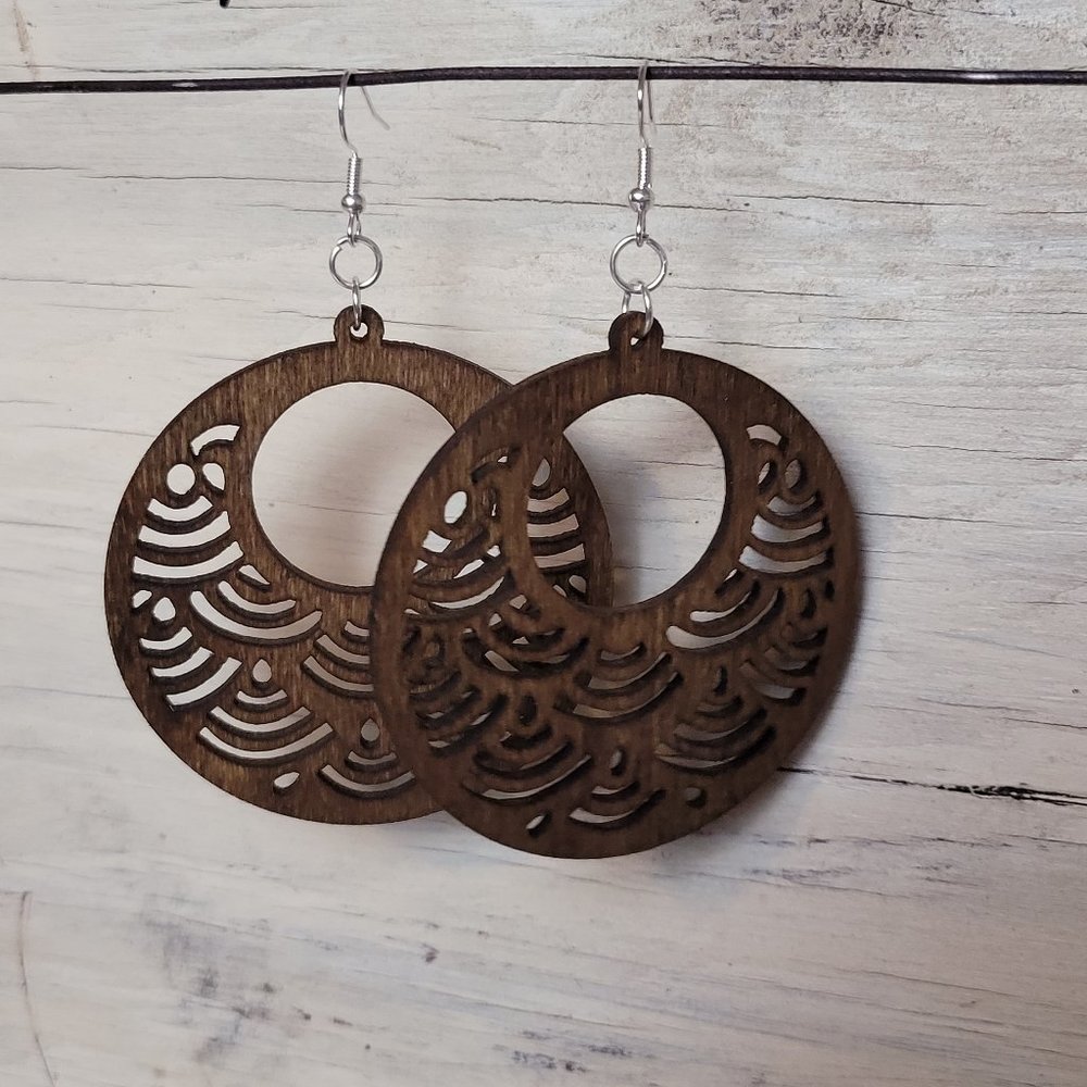 Wood Earrings - Light Brown Round Waves